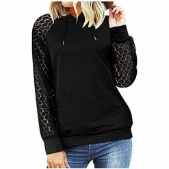 Brand new 🧨 Women’s Lace Hoodie Casual Loose Blouses Raglan Long Sleeve Tops Hooded Drawstring Pullover Sweatshirt With Pocket Green 👍