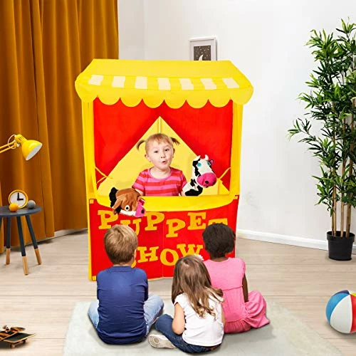 Outlet β Lemonade Stand Puppet Show Theater Pretend Playhouse Play Tent Kids On Stage Doorway Table Top Sets For Toddlers Curtain Fordable Rods Children Dramatic Furniture, 28"X20"X41"H, Yellow,8032 π