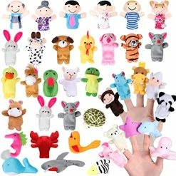Promo 😍 38Pcs Finger Puppets Bulk Set Soft Velvet Cartoon Finger Puppets For Toddlers 1-3, 32 Animals And 6 People Family Members Easter Basket Stuffers Gifts Toys Cute Finger Puppets For Kids Baby ❤️