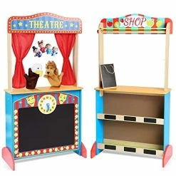 Brand new 👏 Deluxe Wooden Puppet Theater With Curtains, Blackboard And Clock, Double-Sided Play Store 3-8Y & Kid Puppet Show Theater With 2 Hand Puppets And 4 Finger Puppets For Toddlers 1-3 🔥